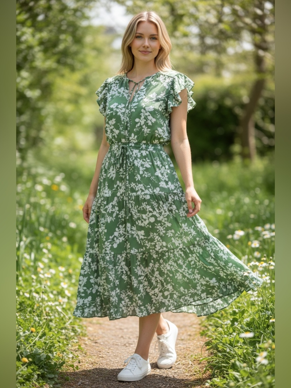 Pinch Green Floral Tie-Front Tiered Midi Dress